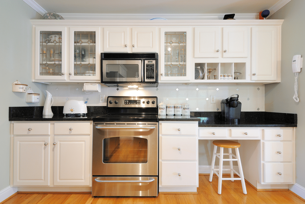 A front view of white kitchen cabinets