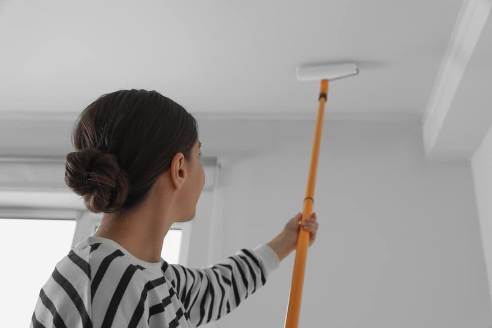 A view of a woman painting ceiling