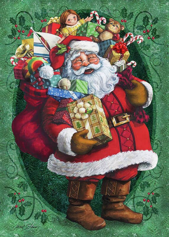 A painting of a happy santa holding Christmas presents