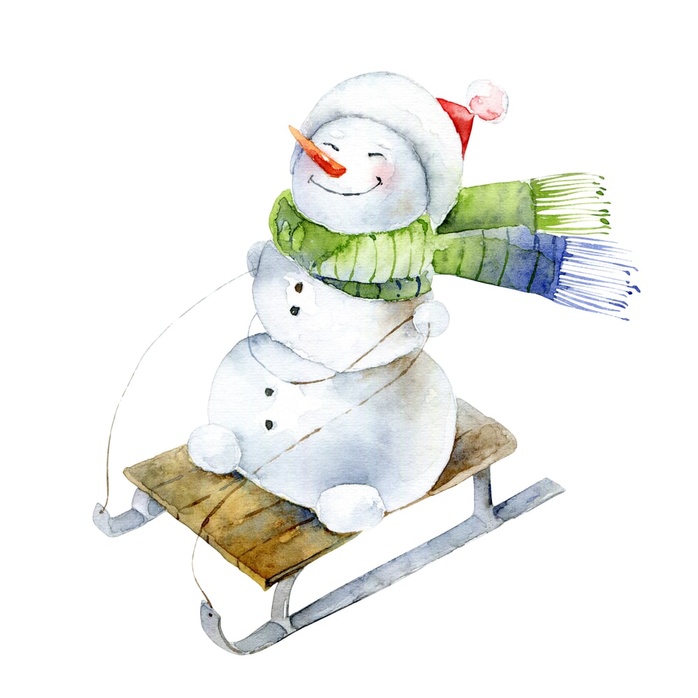 A view of a snowman on a sledge painting