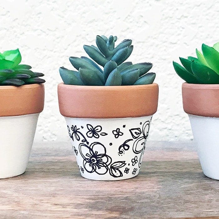 A view of hand drawn paint art on clay pots with plants