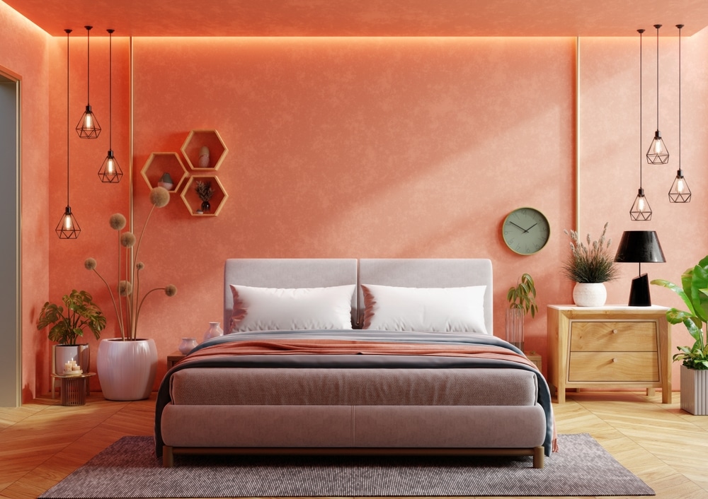 Bedroom In Pastel Tone Peach Fuzz Color Wall minimal Interior Living