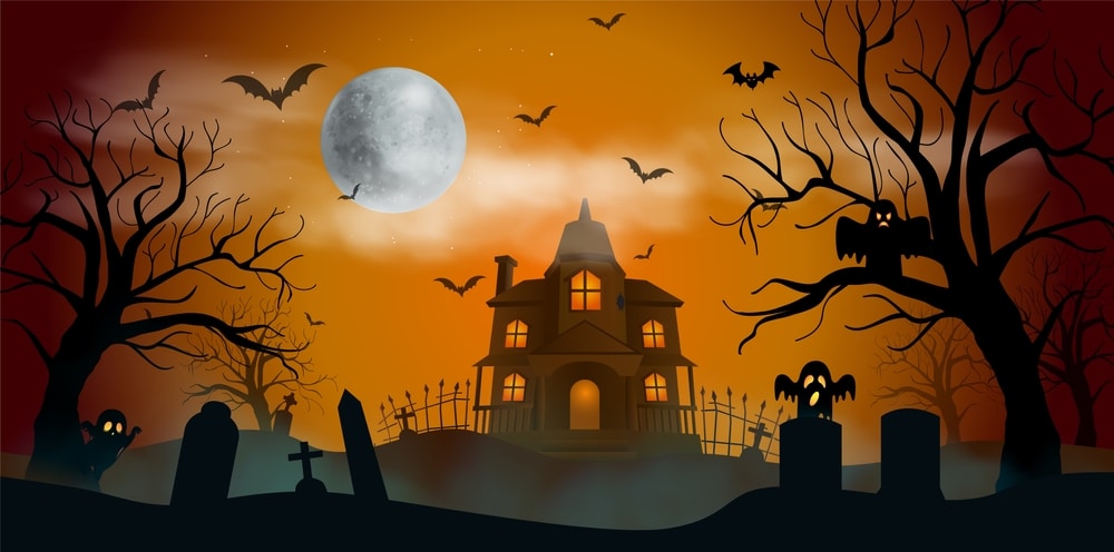 Halloween Night Background With Ghost And Full Moon 