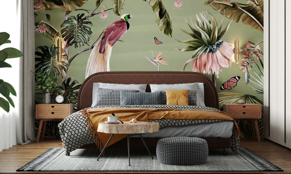 Modern Bedroom Design Green Wallpaper Colorful Bird Of Paradise Tropical