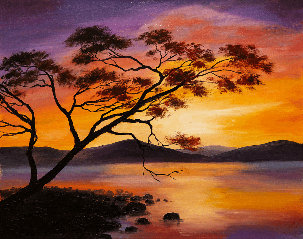 Oil Painting sunset on the lake