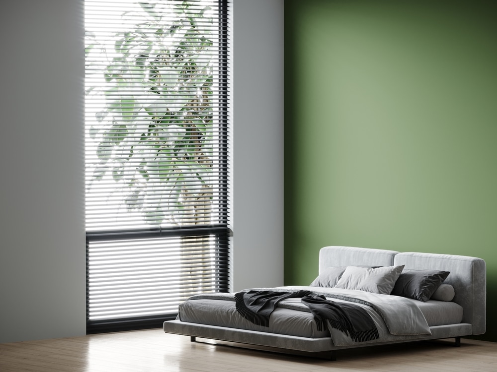 Cozy Bedroom With A Large Bed With Green Olive Colours