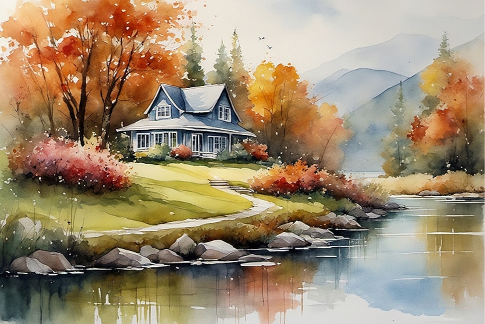 Hand Drawn Watercolor Painting Of Lakeside House Landscape Painting 