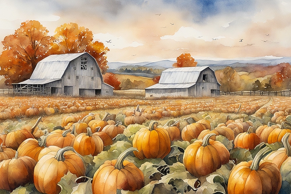 Hand Drawn Watercolor Painting Of Pumpkin Fields