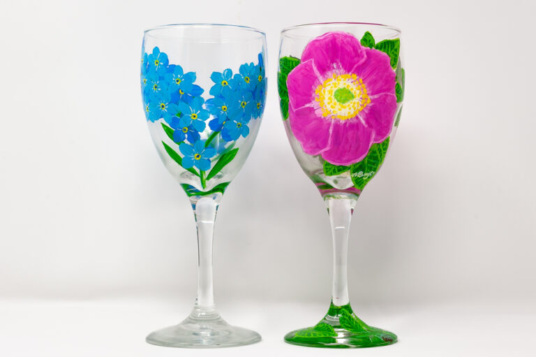 Two Wine Glasses With Flowers Paintings