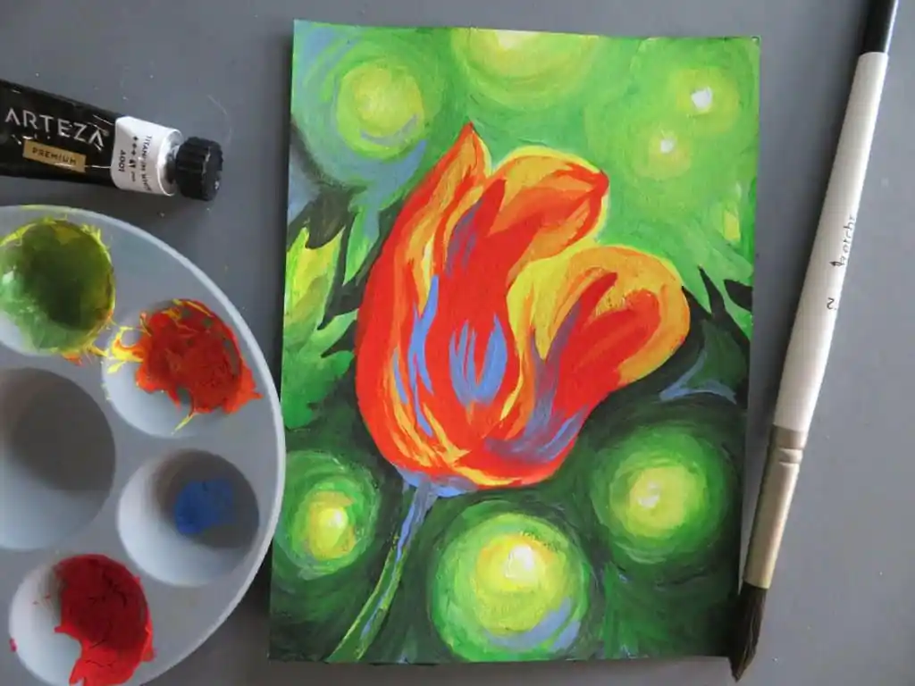 gouache painting a tulip with paint colors and brush