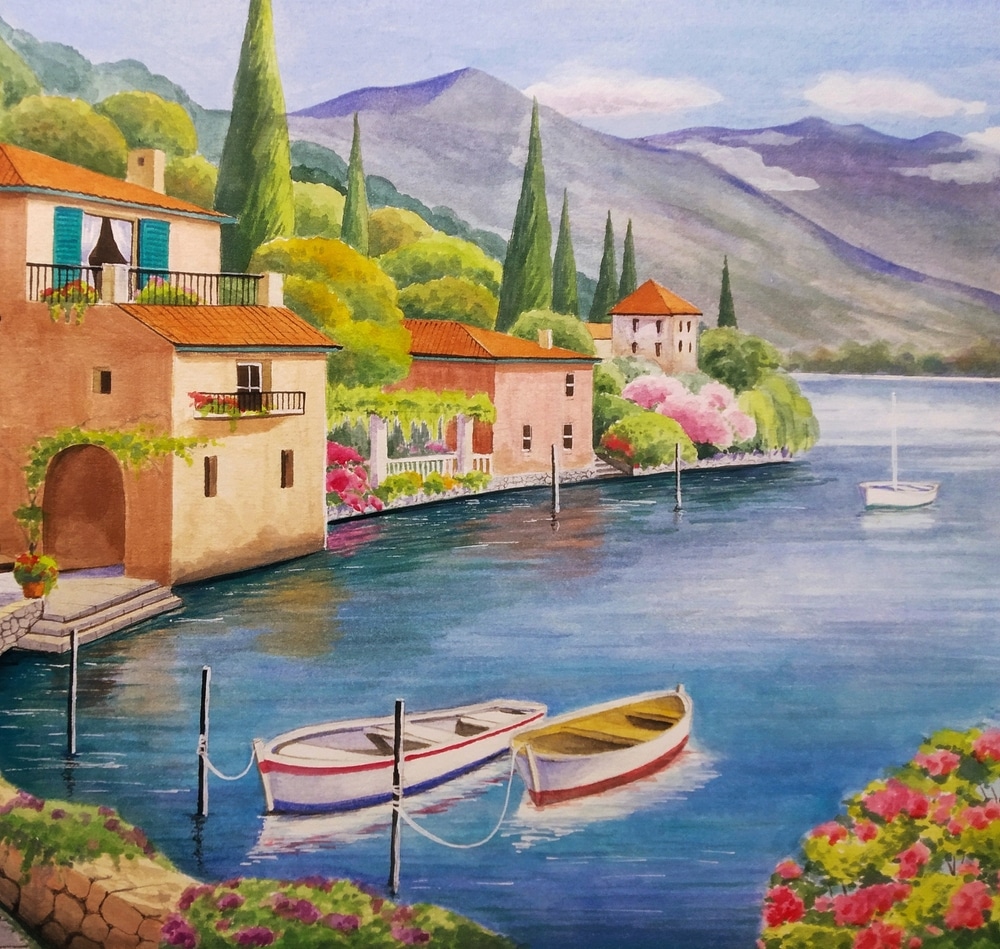 Hand Drawn Gouache Painting Of Beautiful Lakeside Town In Italy