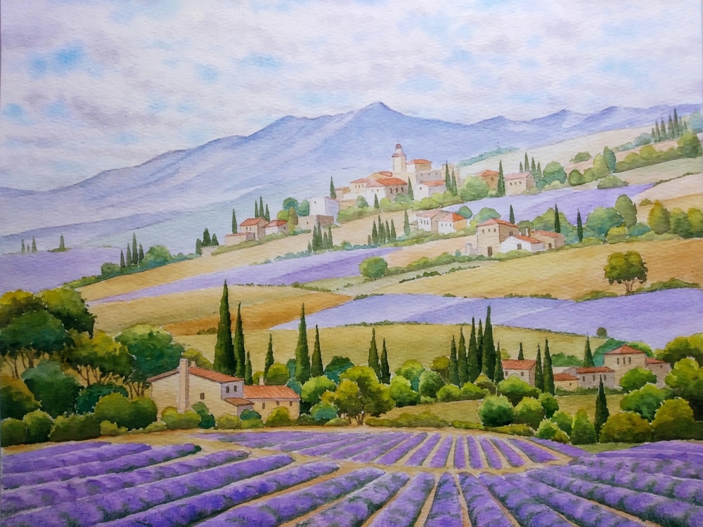 Hand Drawn Watercolor Painting Of Beautiful Lavender Fields Landscape Painting