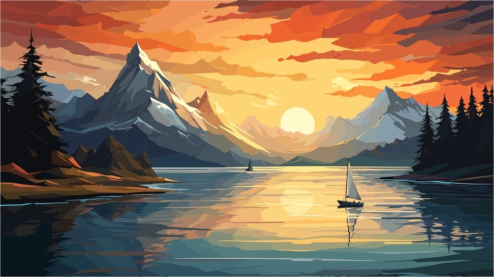 A Serene Lakeside Scene With Colorful Sailboats And A Majestic