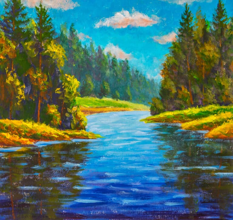 Beautiful River Landscape Acrylic Painting Russian Forest Summer Landscape In