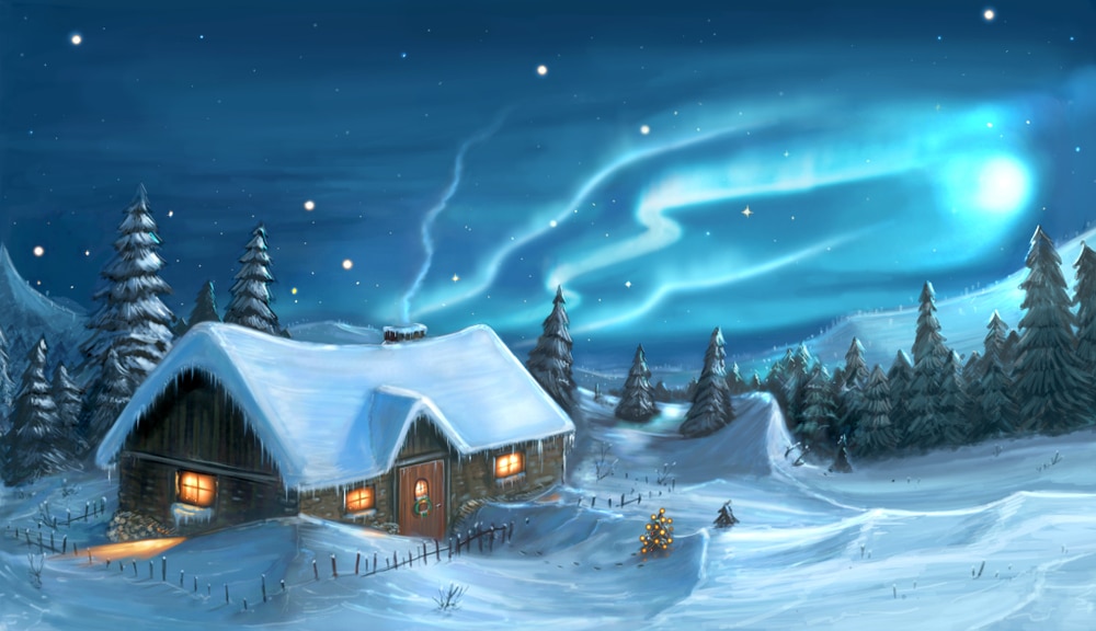 Mountain cottage in snow with trees around and northern lights or aurora on sky