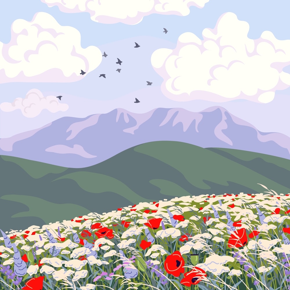 Simple Nature Scene With Blue Sky Cloud Flying Birds Mountains