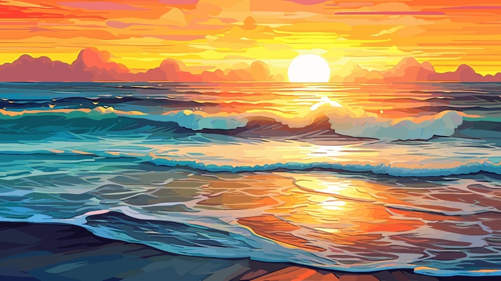 Sunset Or Summer Sunrise Over The Sea Calm Waves Bright