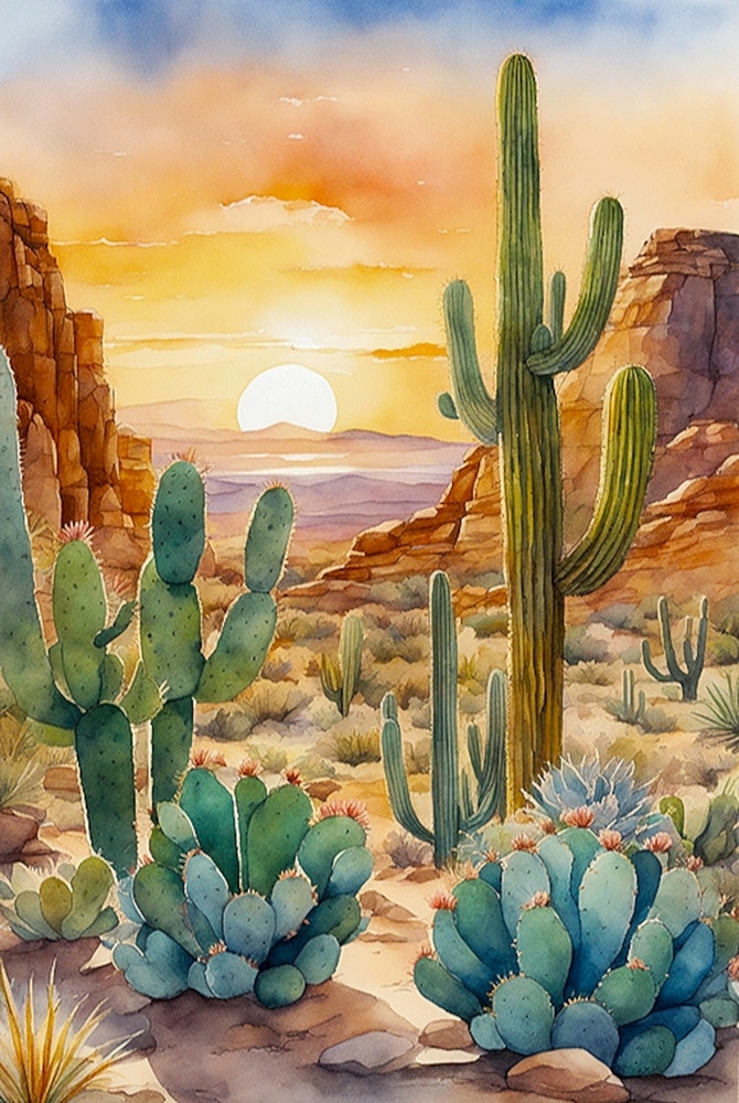 Hand Drawn Painting Of Desert Sunset Landscape Painting 