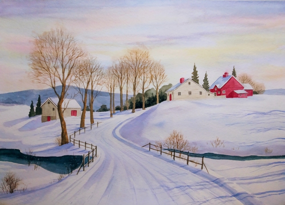 Hand Drawn Watercolor Painting Of Winter Sunset Scene Landscape Painting