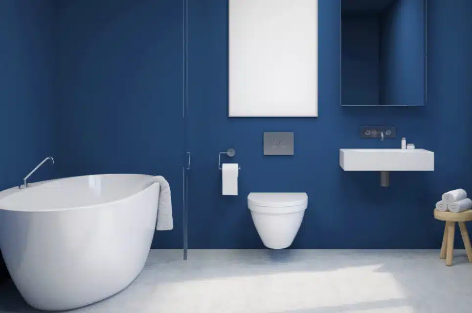 blue flat paint on walls of a bathroom