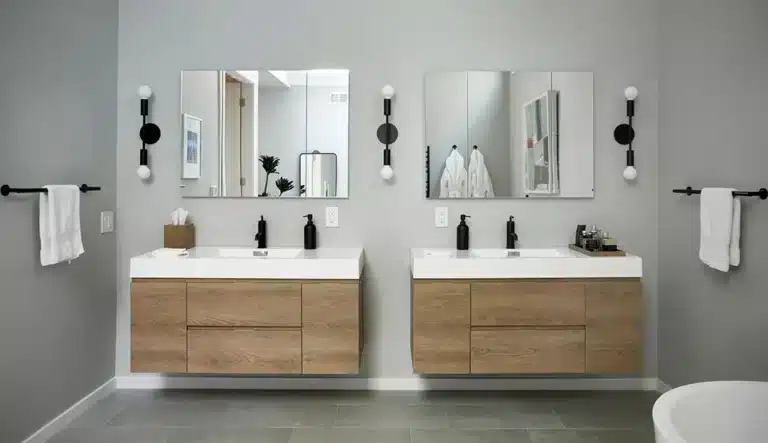 view of a bathroom with gray paint finish