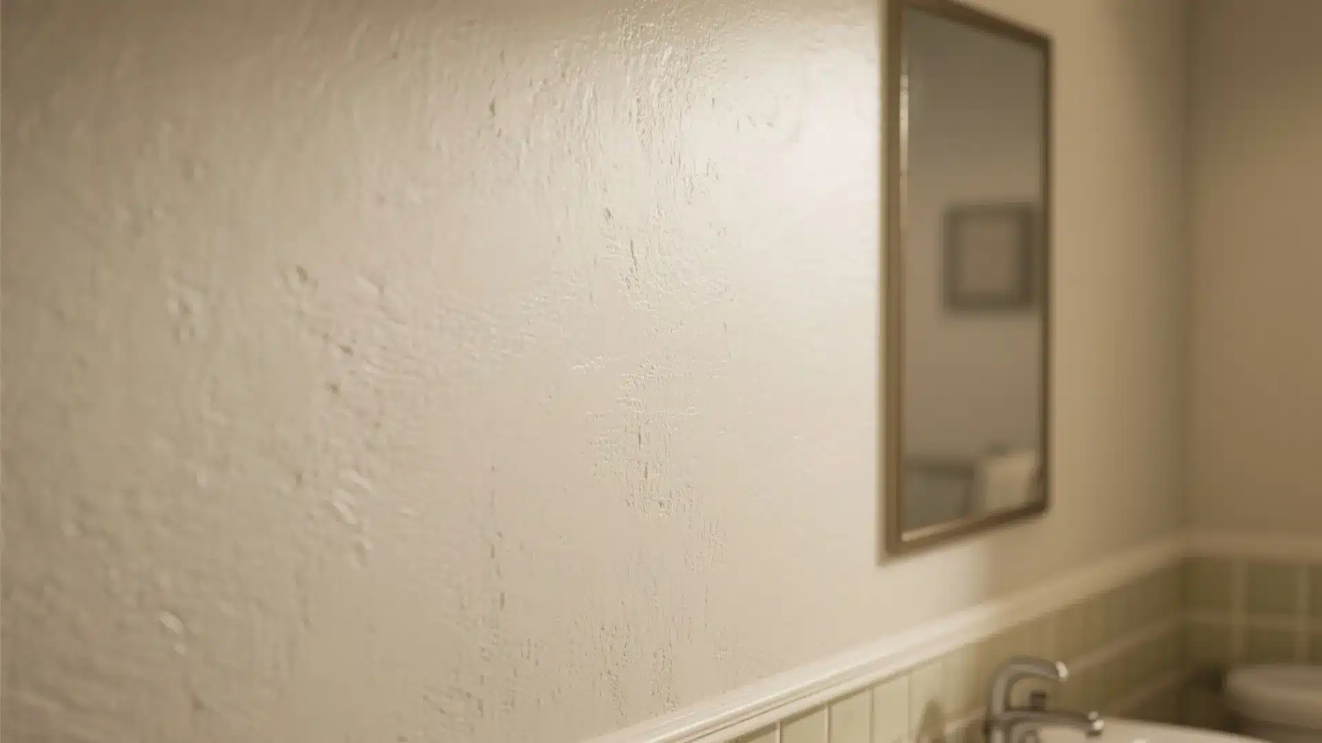 zoomed in view of eggshell paint on a bathroom wall