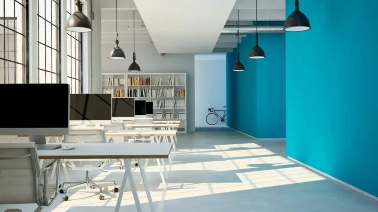 A commercial space with blue painted walls
