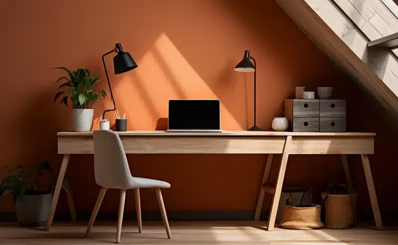 A modern home office with an orange wall desk and plants bathed in natural light A modern home office with an orange wall desk and plants bathed in natural light