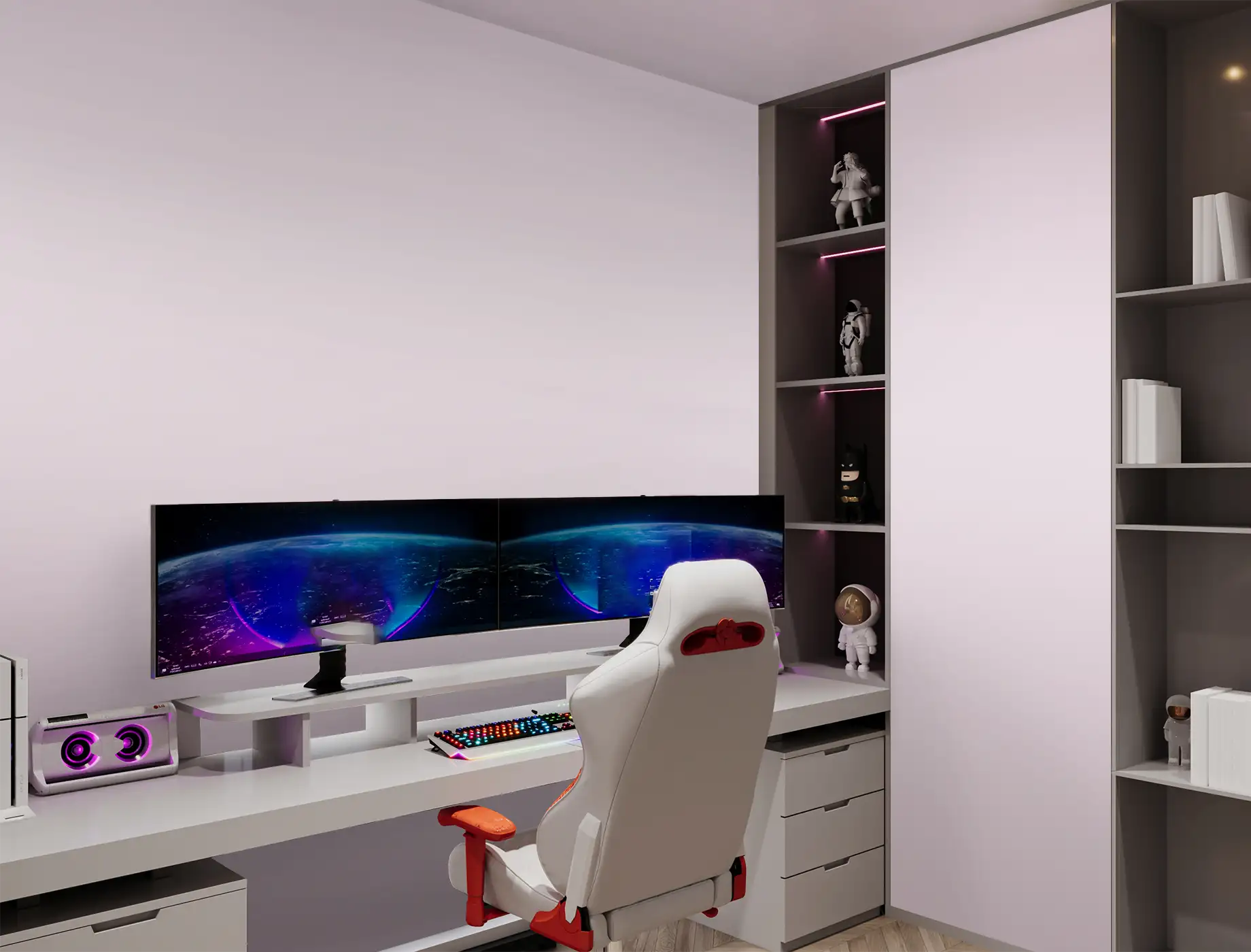 white walls in a gaming room - gaming pcs and an ergonomic chair
