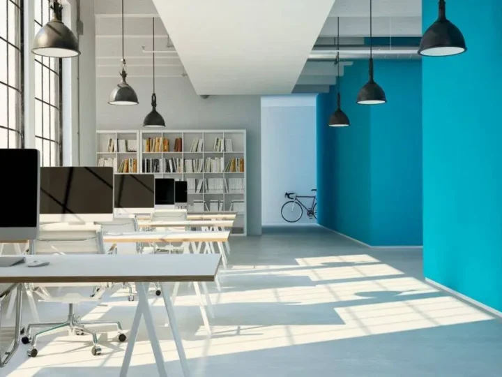 A commercial space with blue painted walls