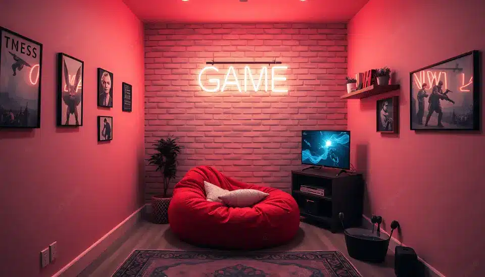 A cozy gaming room with neon GAME lights a red bean bag chair and a TV setup A cozy gaming room with neon GAME lights a red bean bag chair and a TV setup
