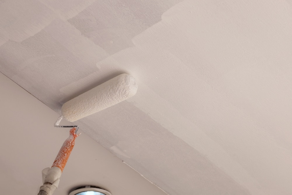 A view of a white ceiling paint on a roller A view of a white ceiling paint on a roller