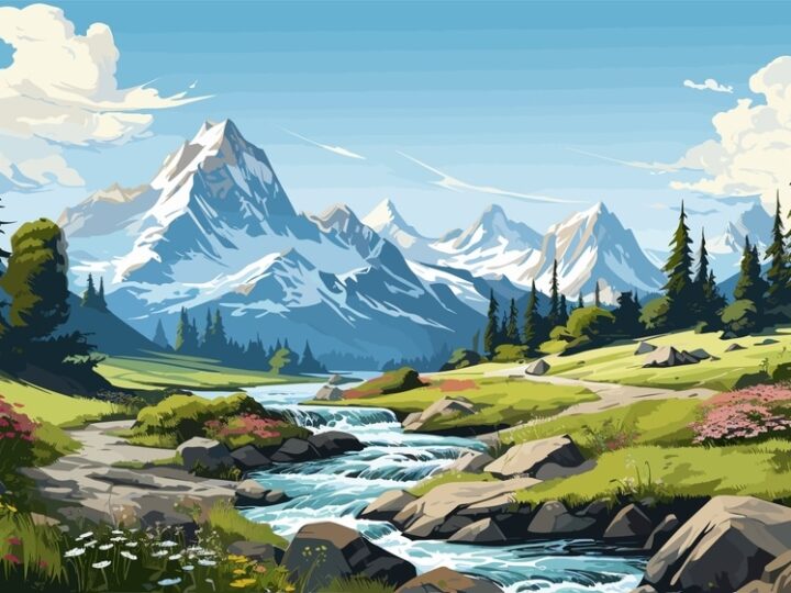 Beautiful Landscape Small River Mountains On The Horizon Green Meadow
