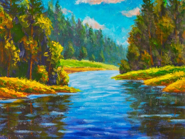 Beautiful River Landscape Acrylic Painting Russian Forest Summer Landscape In