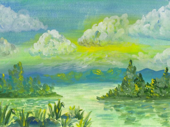 Gouache Painting Of Peaceful Green Nature Landscape With Lake Islands