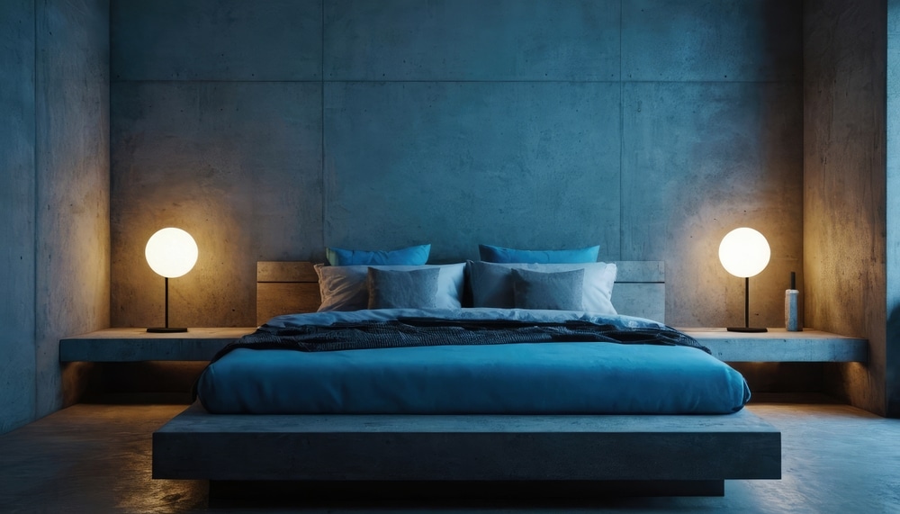 Modern Bedroom Interior With Dark Blue Walls With A Master Modern Bedroom Interior With Dark Blue Walls With A Master