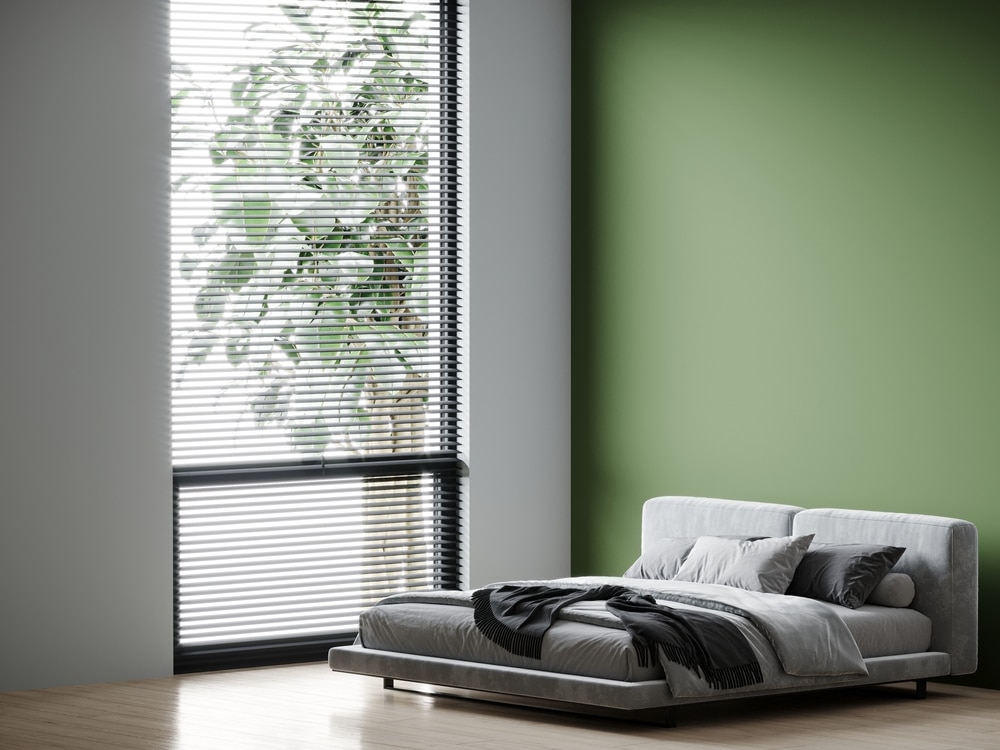 Cozy Bedroom With A Large Bed With Green Olive Colours Cozy Bedroom With A Large Bed With Green Olive Colours