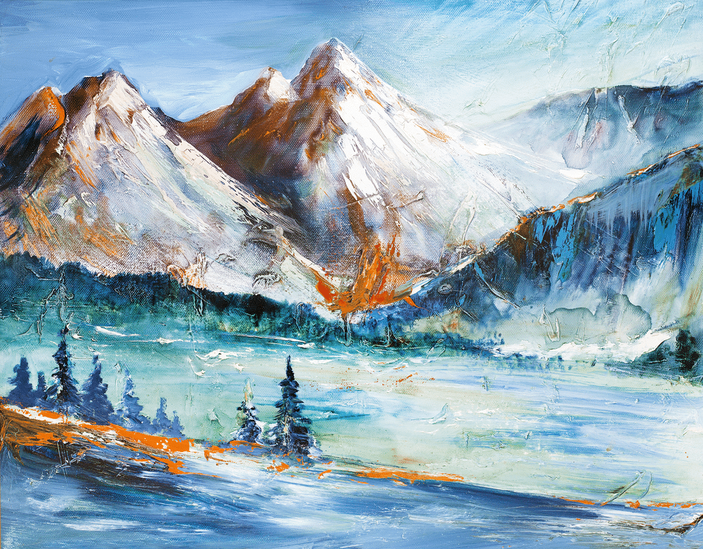 Snow capped mountains Valley mountain landscape painting Snow capped mountains Valley mountain landscape painting