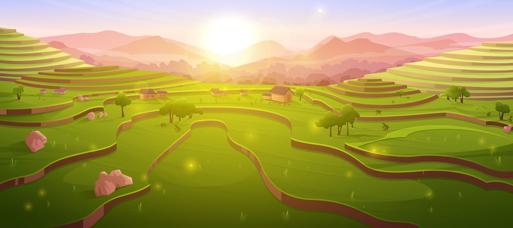 Terraced Rice Fields At Sunrise Sunny Morning Chinese Farmland At Terraced Rice Fields At Sunrise Sunny Morning Chinese Farmland
