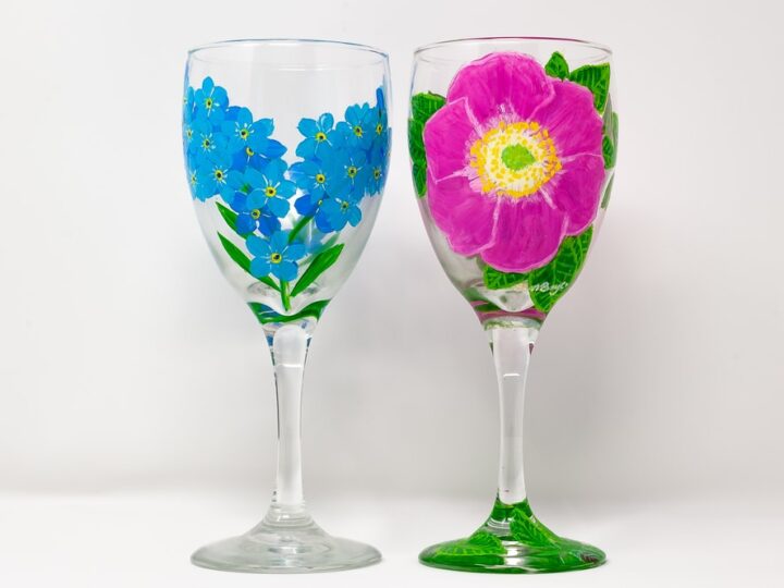 Two Wine Glasses With Flowers Paintings