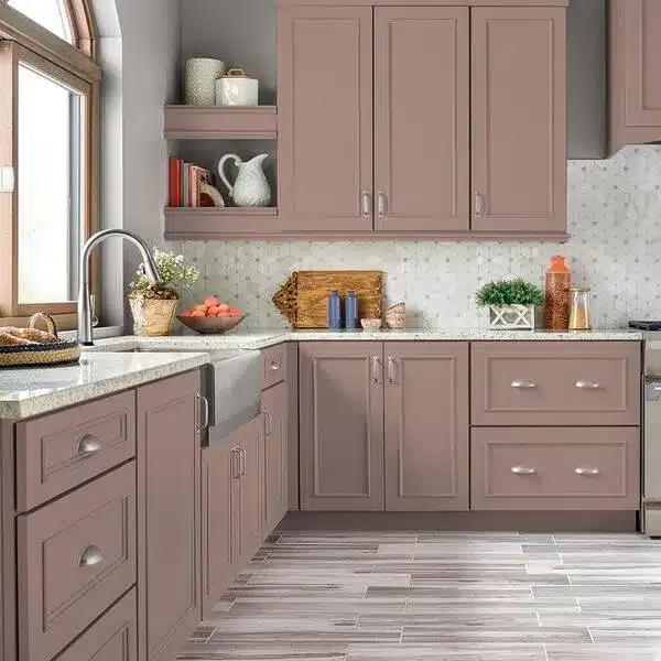brown paint color on cabinets in a kitchen