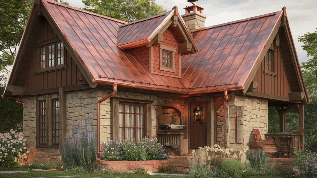 copper roof on a brown house