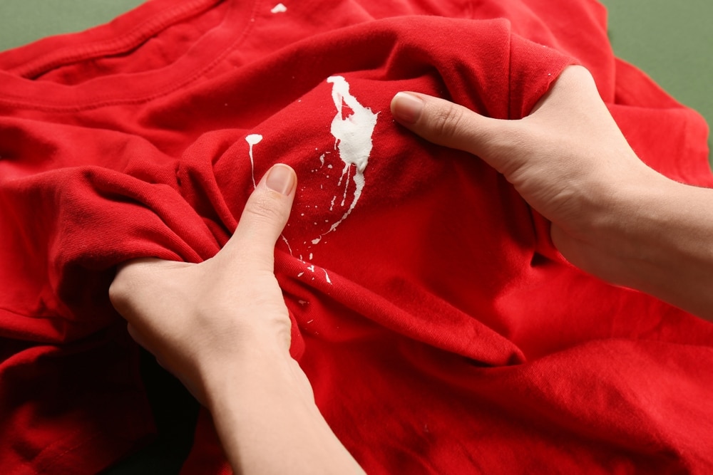 Woman Holding Red Shirt With White Paint Stain On Green Woman Holding Red Shirt With White Paint Stain