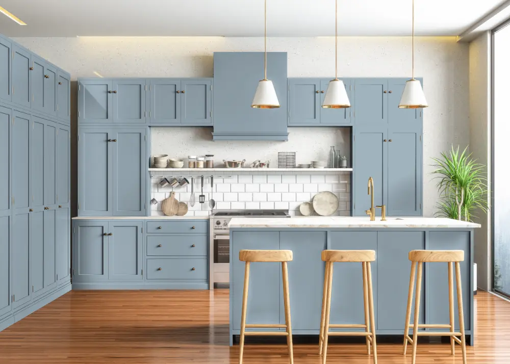 dusty blue paint color on kitchen cabinets