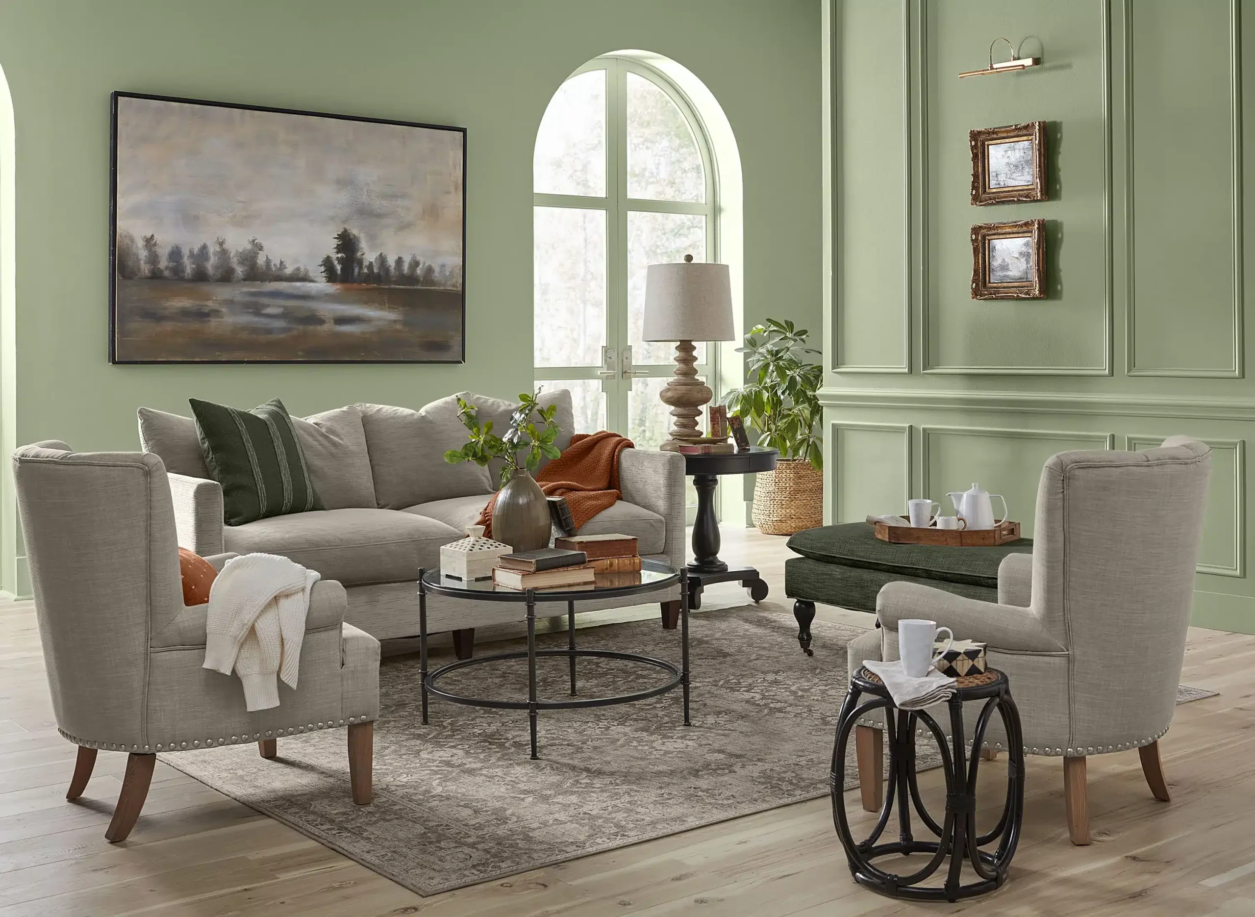 olive green paint on wall in a living room