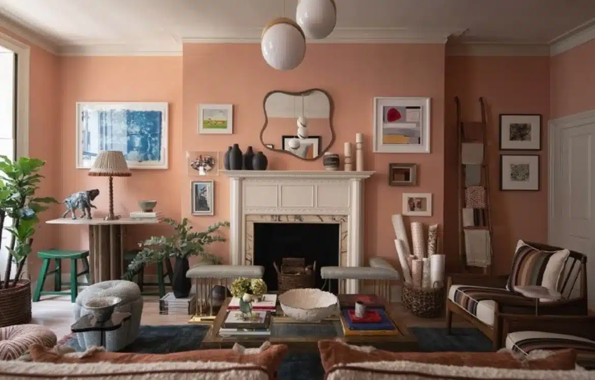 terracota paint color on decorated wall in a living room