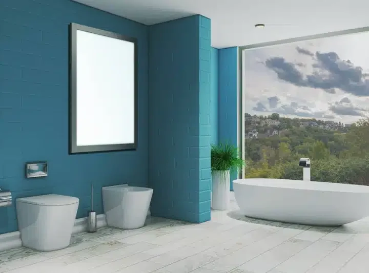 turqoise colored paint finish on a bathroom walls