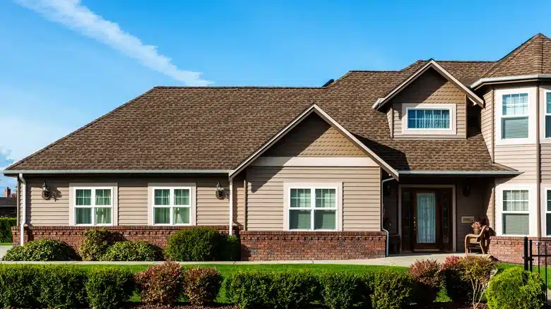 view of a house with brown roof and beige color